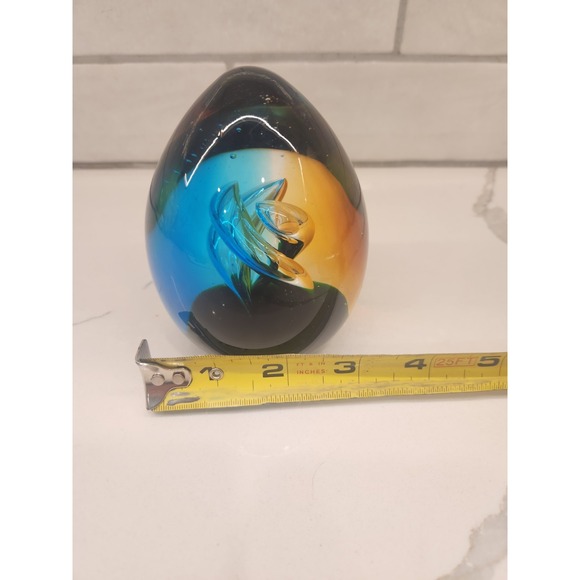 4 Inch Art Glass Paperweight Egg Blue Brown Orange Swirl with Suspended Bubbles - Picture 10 of 11
